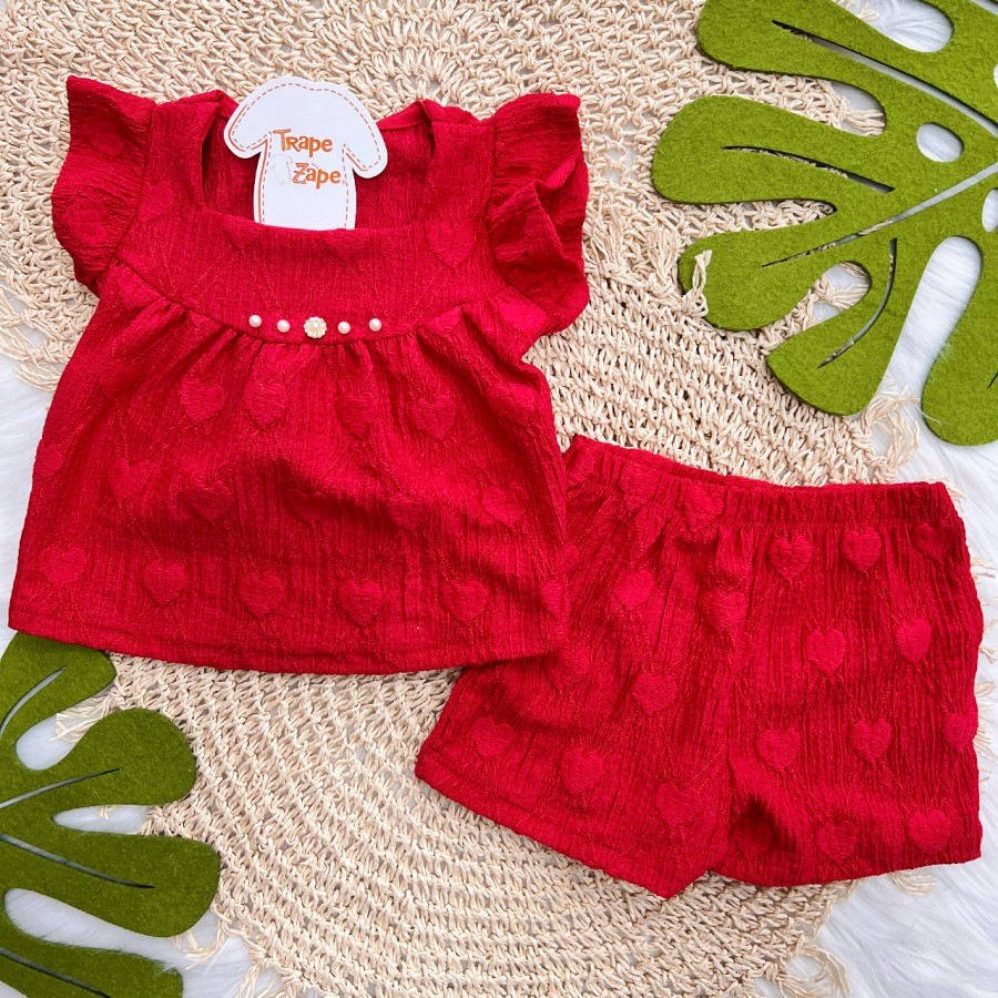 Conj. Blusa com Pérolas e Short Anarruga Corações - Vermelho
